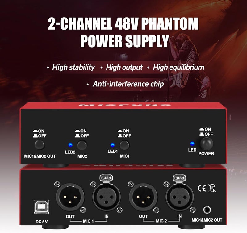 micfuns MC New 2 Channel 48V Phantom Power Supply with 3.5mm Audio Cable to Connect Audio Interface for Condenser Microphone Music Recording Equipment (MC2-new red) - Image 2